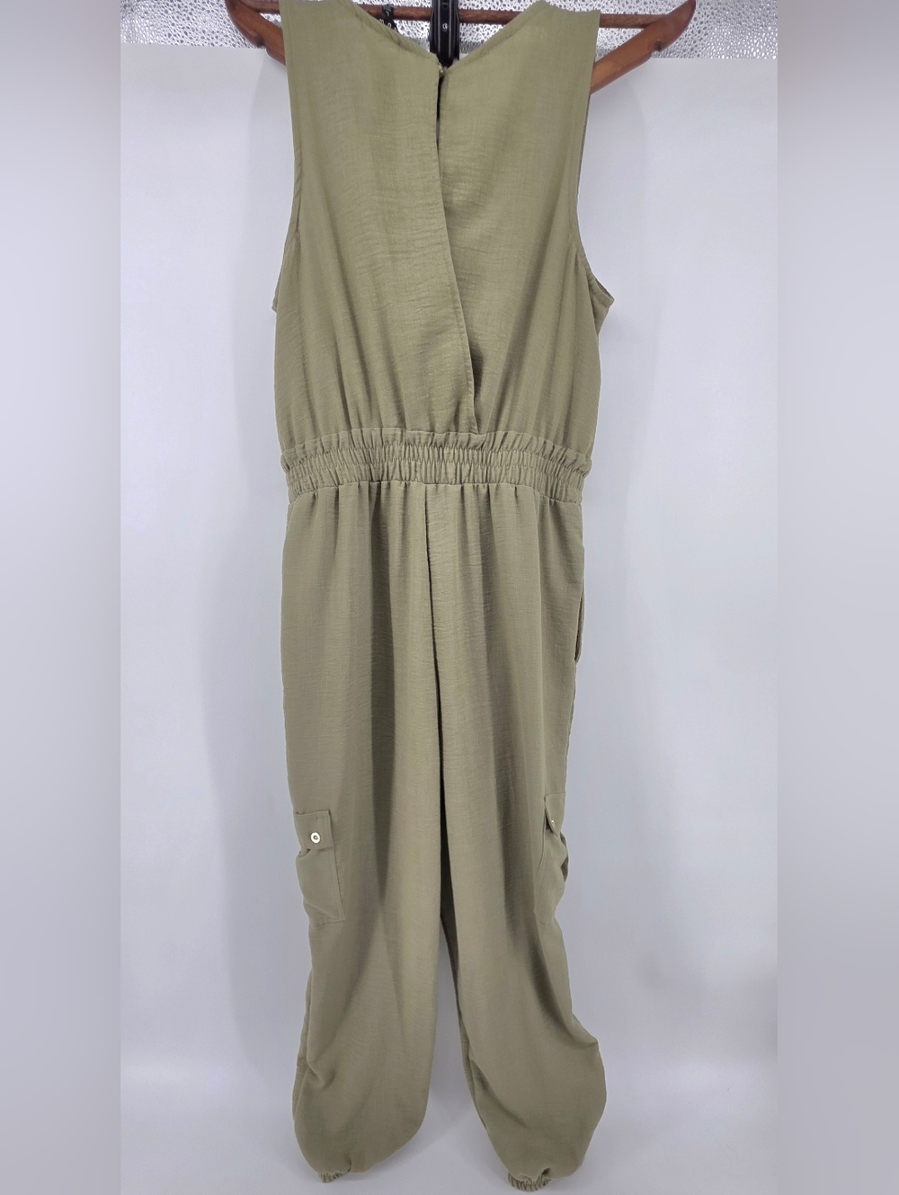 As U Wish Juniors' Olive Green Drawstring Waist Cargo Jumpsuit - Size Large - Picture 4 of 16
